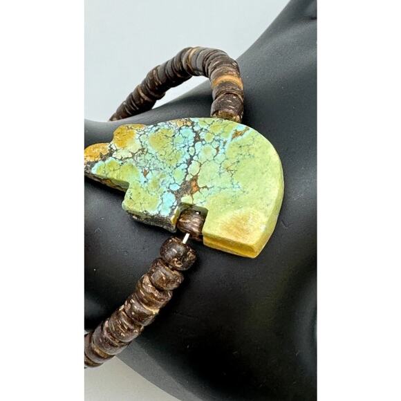 Navajo Spiderweb Turquoise Bracelet Heishi Bear Fetish Native American Flex 6.5” - Picture 11 of 14
